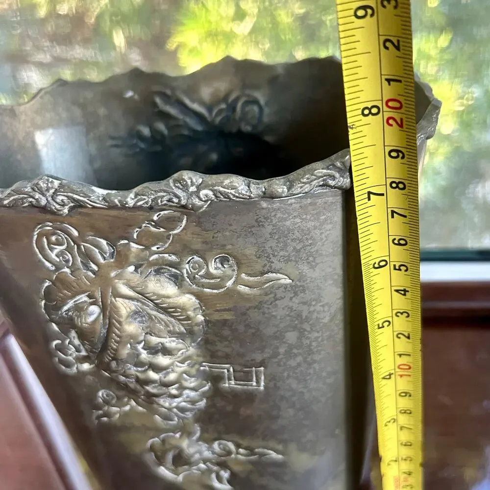 Vintage Bronze Tone Metal Raised Relief Floral Grapes Basket Bucket Flower Bin